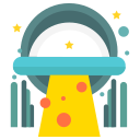 A cartoon UFO shooting a beam which will be used to bring humans aboard.