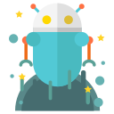 A cartoon robot approaches.