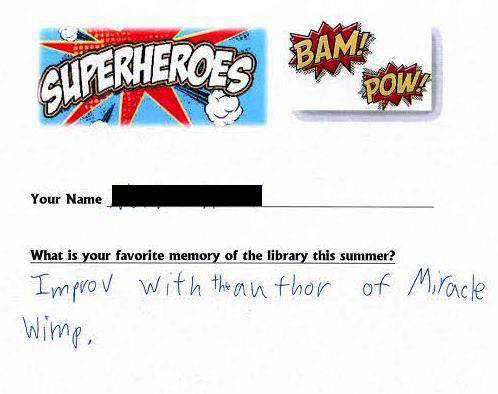 A feedback comment that says "What was your favorite memory of the library this summer?" and the answer is "Doing improv with the author or Miracle Wimp".