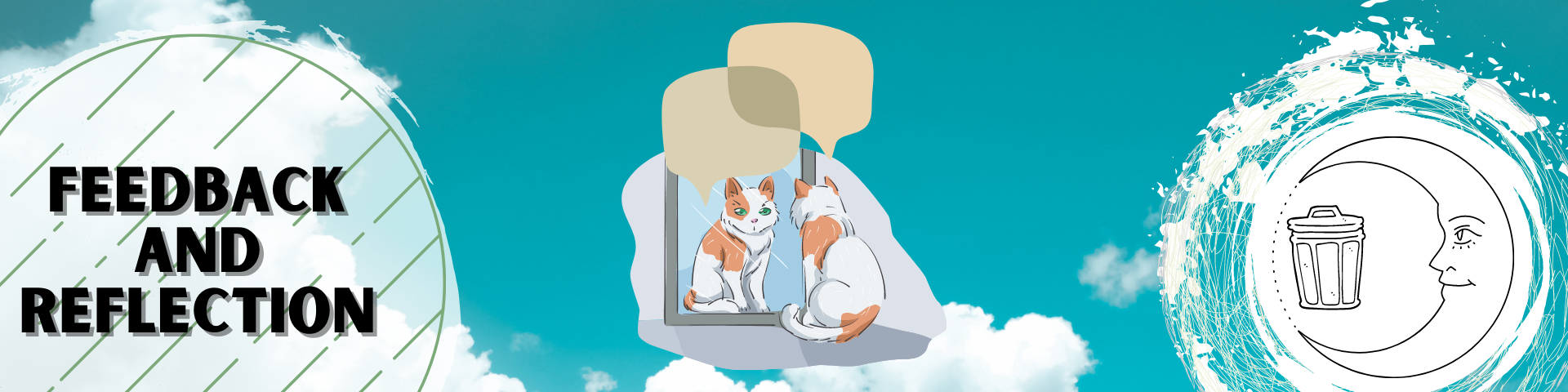 A cat looks in the mirror while flanked by Garbage Is Magic logos.