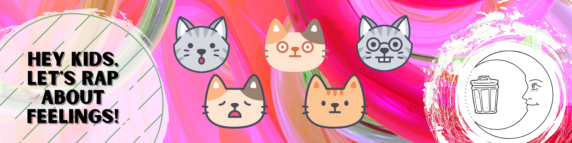 5 cats expressing different emotions flanked by Garbage Is Magic logos.