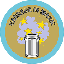 A trash can releasing a cloud of stars, with the words "Garbage Is Magic".