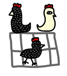 A digital drawing of two gray and black chickens with a yellow chicken. One chicken is in a cage, and the other two are perched on top of it.