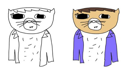 A black and white line drawing of a cat next to that same drawing with all the whitespace filled in with colors.